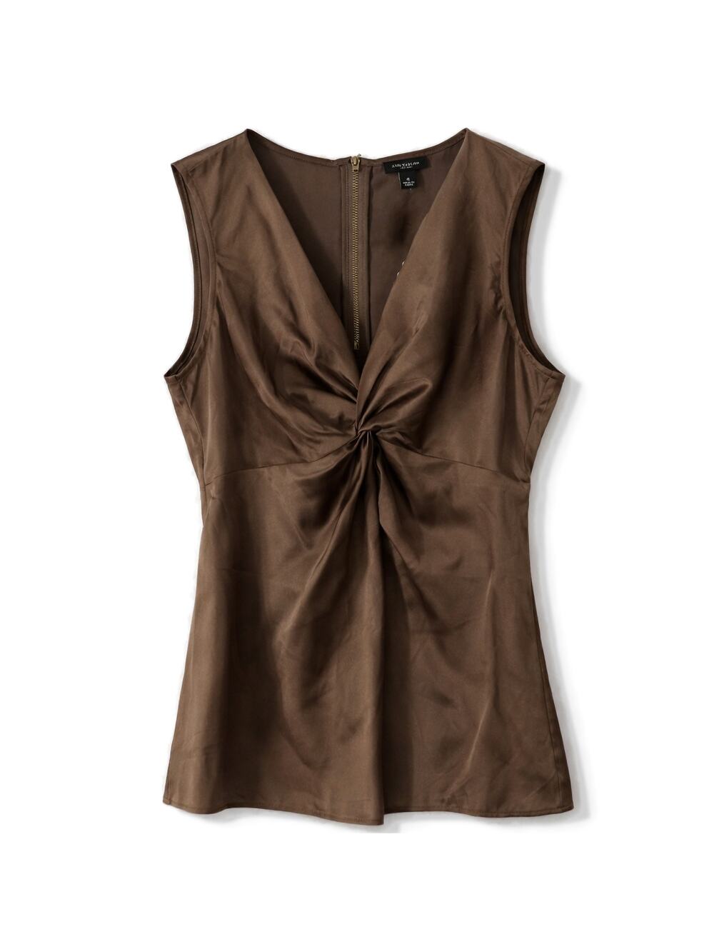 Ann Taylor Twist Front Satin Shell Top Brown Sleeveless V Neck Blouse NWT 4